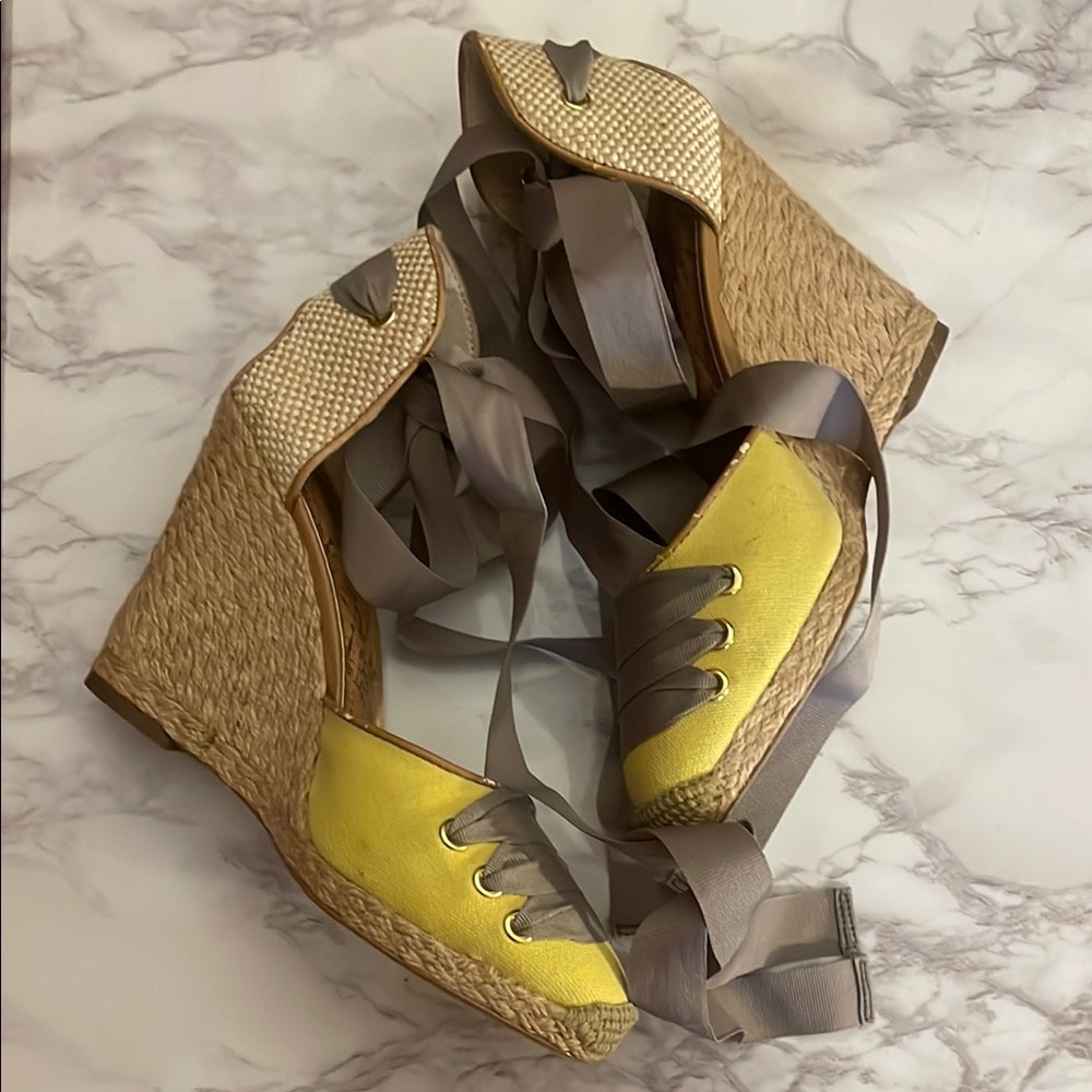 Ann Taylor Loft Yellow  & Gray/Taupe Espadrille Shoes with ribbon ankle tie
